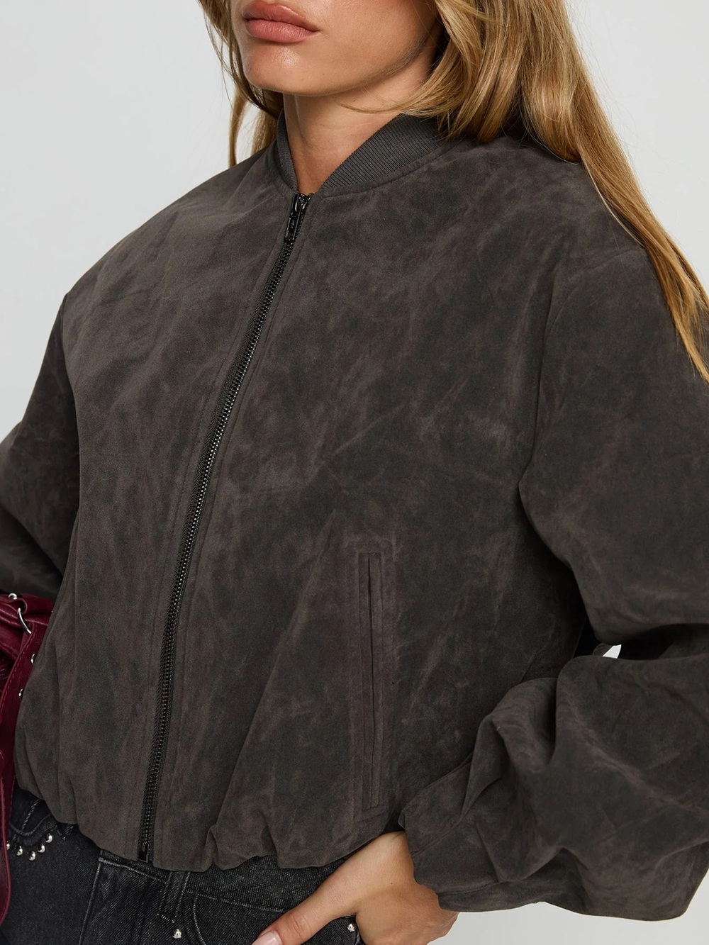 Princess Polly Mastery Faux Suede Bomber Jacket in Charcoal - Picture 2 of 5